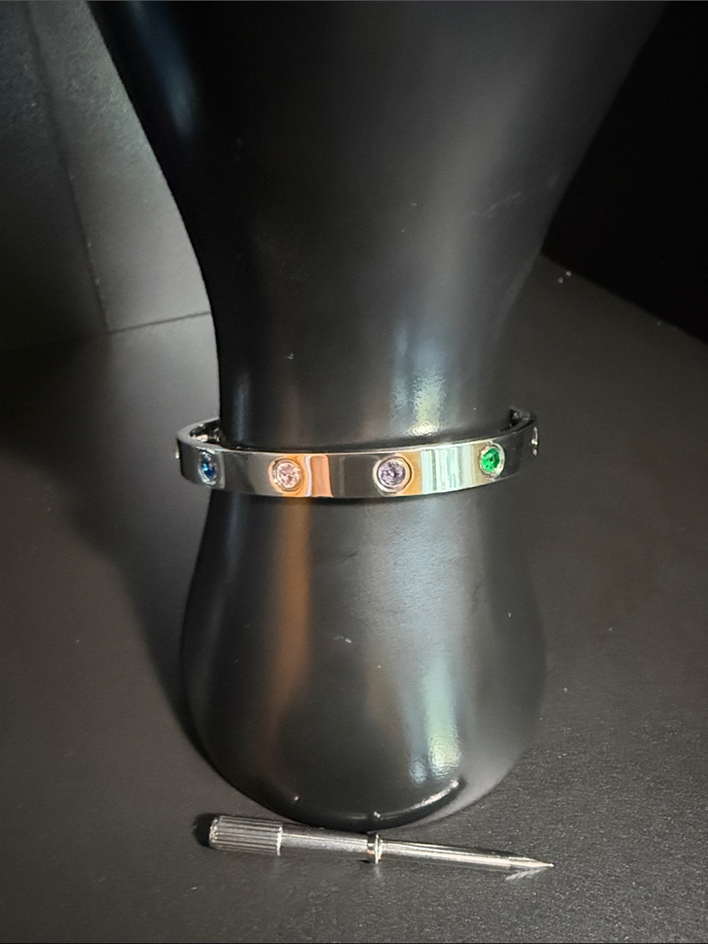 Multi-Stone Polished Metal Bangle Bracelet in Silver with Colorful Gems